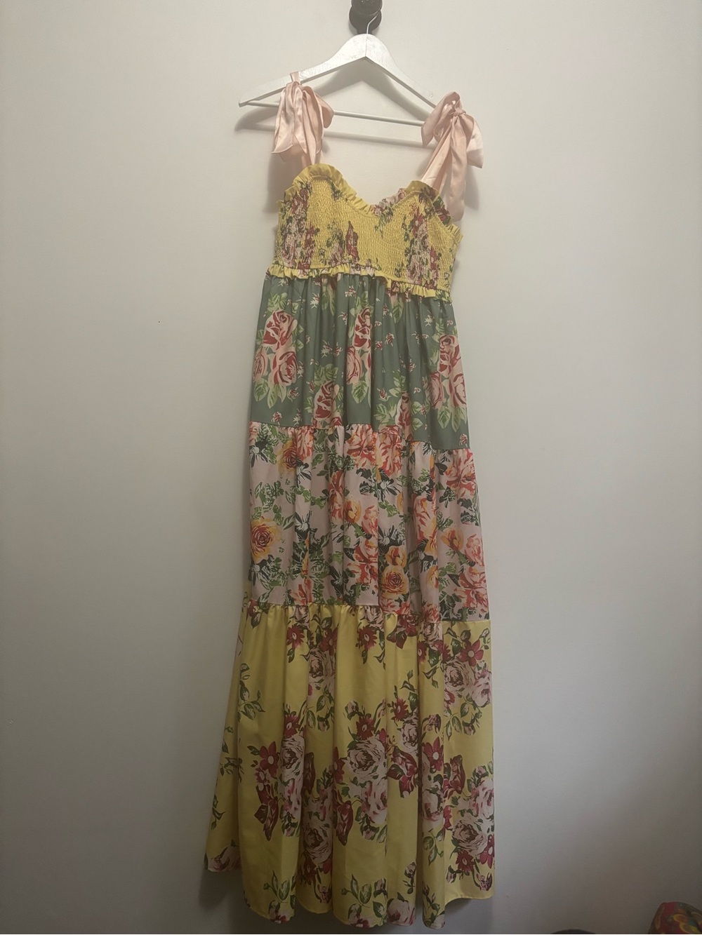 Floral Tiered Maxi Dress with Pink Tie Straps - Yellow Multi